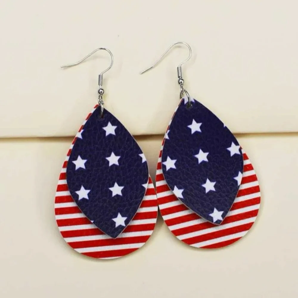 Stars & Stripes Water Drop Leaves Leather Earrings